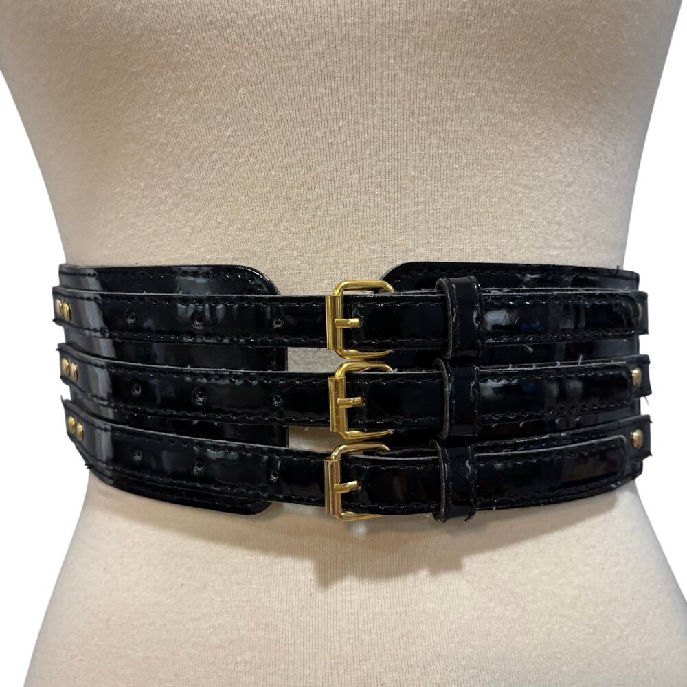 VTG Y2K Black Patent Leather Corset Belt Triple Buckle Whimzigoth Punk Gothic